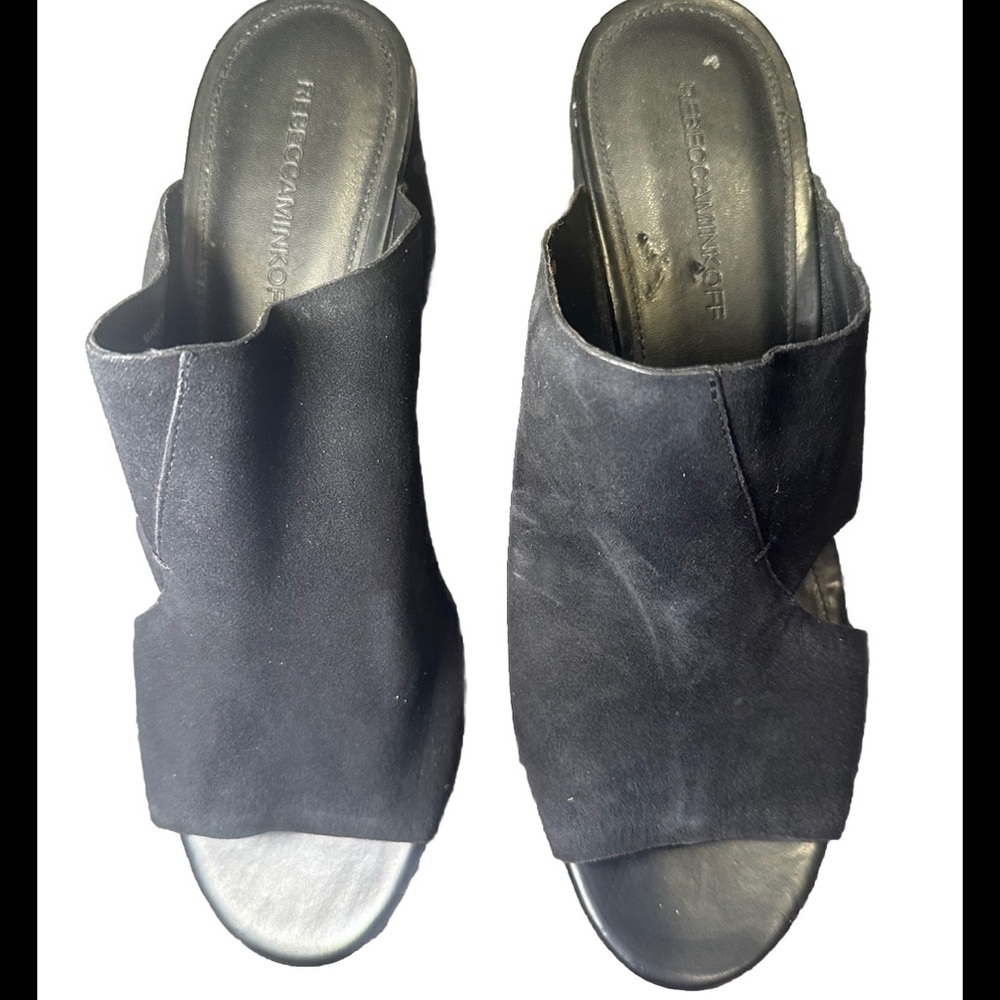 REBECCA MINKOFF Women's Sz 10M Black Suede Open Toe Platform  Shoes Heels Slides